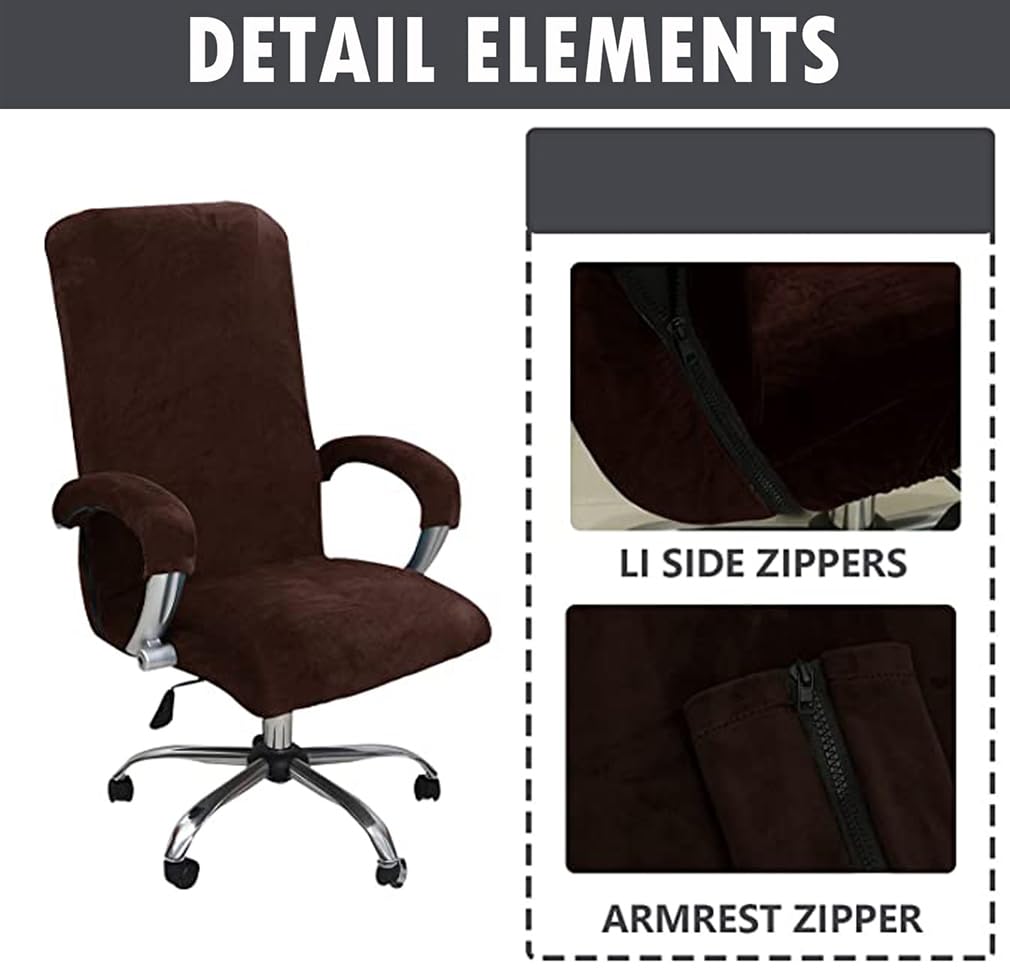 Velvet Office Chair Cover Stretch Computer Desk Chair Slipcover High Back Computer Office Chair Cover with Arm Covers Universal Boss Swivel Chair Covers Rotating Chair Slipcover (Brown, Medium)