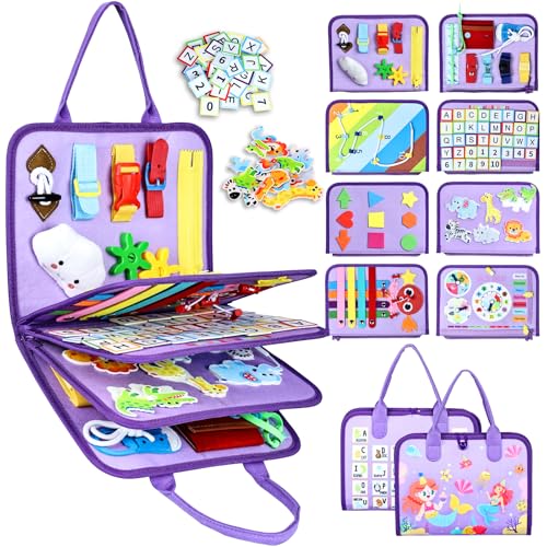 Image of Esjay Toddler Busy Board Montessori Toys for Girls, Sensory Book Educational Activities Learning Fine Motor Skills, Birthday Gifts for Girls Toddlers, Travel Toys for Airplane Car, Purple Merpeople