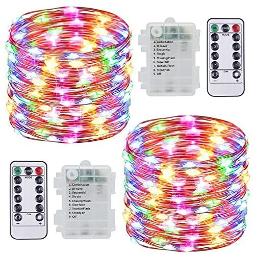 SUNNOW LED Batterie Lichterkette - 2er 10M 100 LED Lichterkette Kupferdraht mit Fernbedienung 8 Modi Wasserdicht Außen Lichterketten für Zimmer, Party, Hochzeit, Weihnachten Dekoration (Bunt)