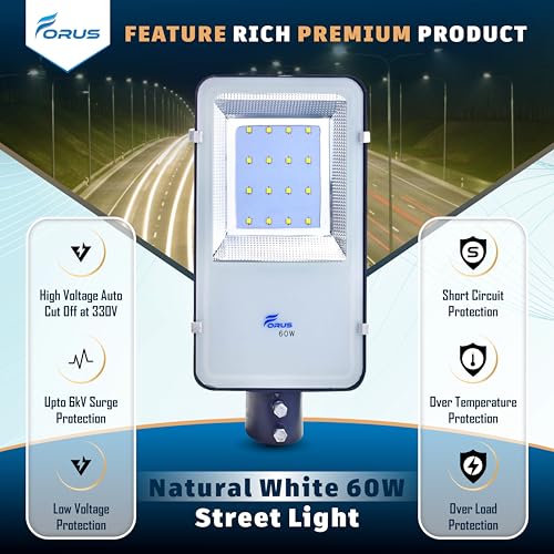 Image of Forus 60W LED Street Light - Waterproof Outdoor Street Lamp, Natural White High-Lumen Energy-Saving Road & Area Light for Home, Garden, Parking & Pathways | 5-Year Warranty | 1 Pc