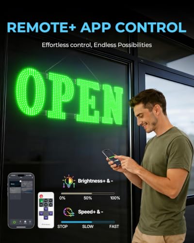 Image of Open Sign for Business 48 inch x 17 inch, Smart Extra Large LED Open Sign with Bluetooth APP Timer & Remote, Dimmable 14 Modes for High-Visibility Storefront Window Green