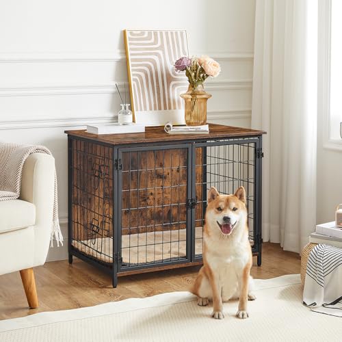 MAHANCRIS Hundekäfig Möbel, 80 cm Hundebox mit Kissen, 2 Tür, Doppeltür, Holzwerkstoff, für Kleine/Mittelgroße/Große Hunde, 80 x 55 x 65 cm, Hundekäfig für Zuhause, Vintagebraun ADCHR0701Z1