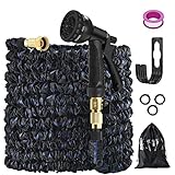 Expandable Garden Hose,Water Hose Pipe with 8 Function Hose Nozzle,Garden Hose Holder and Durable Latex Anti-Proof Magic Hose, Solid Brass Fitting, Sprinklers for Grass, Gardening (75ft-black blue)