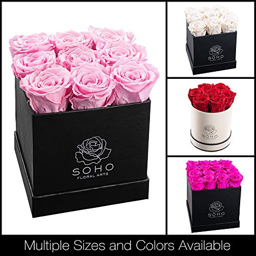 Soho Floral Arts | Real Roses That Last a Year and More| Fresh Flowers |Eternal Roses in a Box (Pink 9 X-Large Roses)