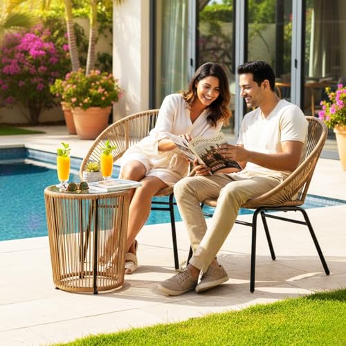Image of DEVOKO Rope Outdoor 3-Piece Patio Chair Glass Top Round Table Set with All-Weather Rope Design Sturdy Durable Metal Frame for Garden, Balcony, Terrace, Deck(Beige)