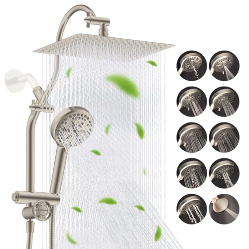 Image of Hibbent High Pressue All Metal 12 inch Rainfall Shower Head, Handheld 10-Spray | cUPC Certified Brushed Nickel Dual Showerhead Combo, 4-way Diverter with Pause Mode, Brass Extension Arm, 71'' Hose & Holder