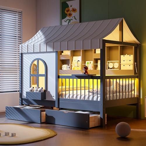 Image of Twin Size House Bed with 2 Large Drawers, Side Bookshelf with LED Strip, Cozy Reading Nook & Playhouse for Boys & Girls (Gray-TT)