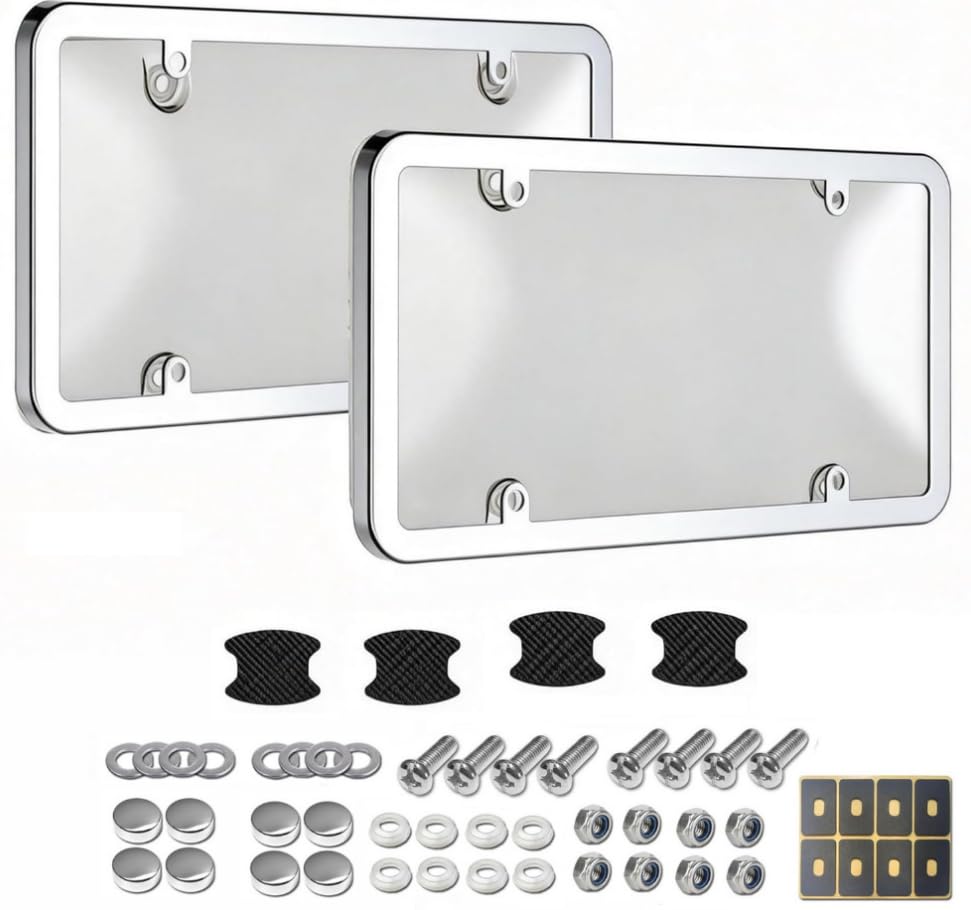 Image of Chrome Stainless Steel License Plate Holder 2PCS, 4 Hole Car License Plate Frame with Full Installation Accessories