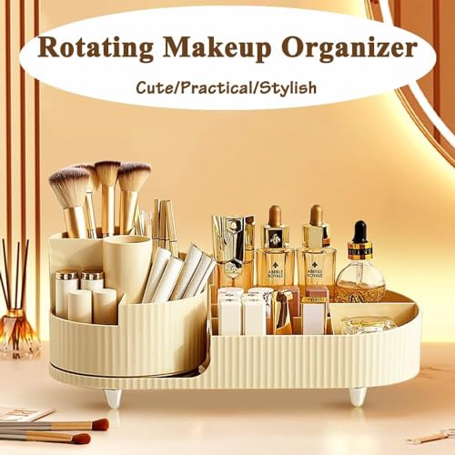 Image of COOFANDY New Rotating Makeup Organizer for Vanity with Brush Holder, Large Capacity Cosmetic Display Case, Countertop Makeup Perfume Skincare Organizer, Spinning Lotions Display Case (OFF-WHITE)