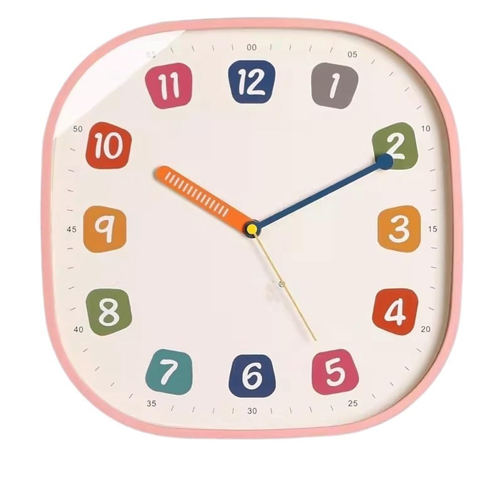 Tiempo Reloj de Pared Cuarzo Simple y silencioso Cuadrado for el hogar(Pink)