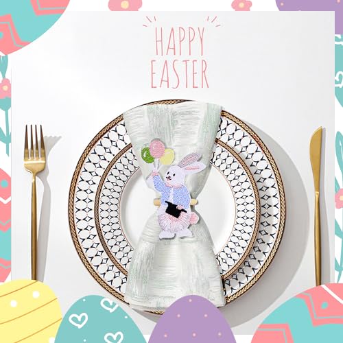 Easter Napkin Rings Set of 12 Embroidery White Bunny Rabbit Colorful Napkin Rings for Farmhouse Wedding Dinner Parties Home Table Decoration, 2.36 inch High with 1.37 inch Ring by Elehere - Image 6