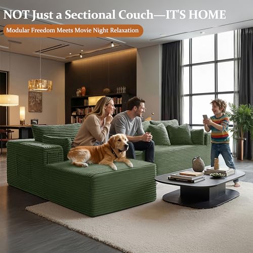 Image of 138 inch Cloud Sectional Couch, Comfort L Shaped Boneless Couch for Living Room, Extra Deep Seats No Assembly, Minimalist Modular Sofa, Corduroy (Olive Green, 3 Seater+Right Facing Chaise)