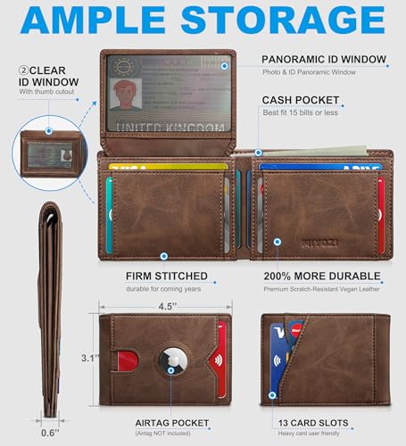 Image of miyozi AirTag Wallet for Men, Slim Leather Bifold with Holder Slot, 2 ID Windows & 13 Card Slots, RFID Blocking Front Pocket Wallet with Gift Box