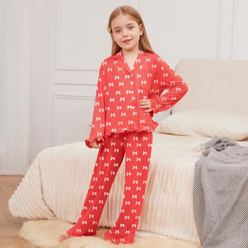 QPANCY Girls Pajamas Sets Ruffle Long Sleeve Button Down Sleepwear Loungewear kids 2 Piece Pjs Set2