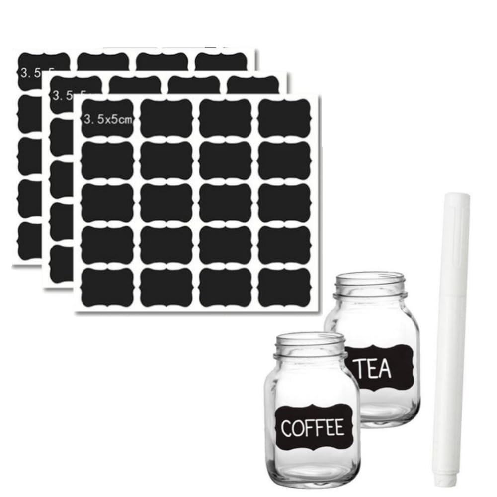 60 Spice Labels for Food Containers, Chalkboard Labels for Jars,Spice Labels Stickers Preprinted Pantry Labels,1 Erasable Chalk