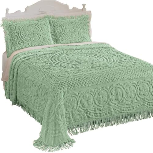 Image of Collections Etc Calista Chenille Lightweight Bedspread with Fringe Border, Sage, King