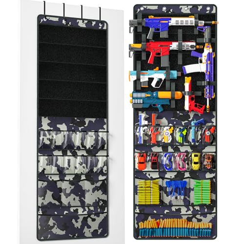 Over The Door Organizer for Toy Guns Toy Storage Toys Organizer with Pockets Hook&Loop Straps for Foam Blasters Darts Goggles Hanging Toys Gun Storage for Kid Rooms Play rooms Camouflage