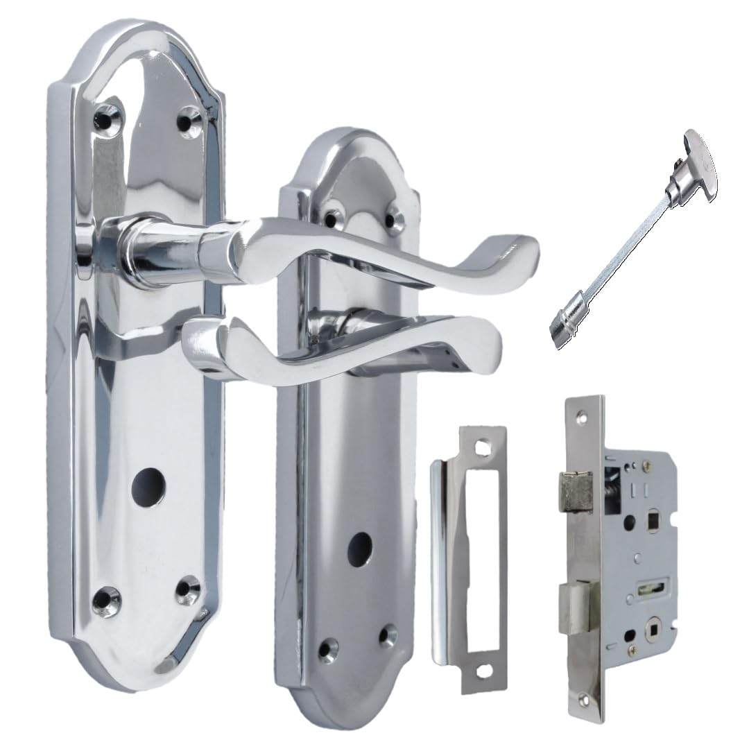Epsom Door Handle Polished Chrome Privacy Lever Set – Backplate Design for Interior Use – Supplied with 3-Lever Sash Mechanism – 1 Pair