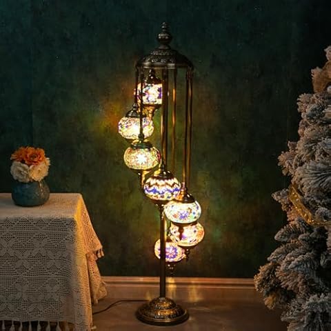 Marrakech Turkish Moroccan Floor Lamp 7 Globes, 46 Inch Tall Colorful Mosaic Class Floor Light with Bronze Base Handmade Standing Lamp Including 7 LED Bulbs for Living Room Bedroom Decor Cover