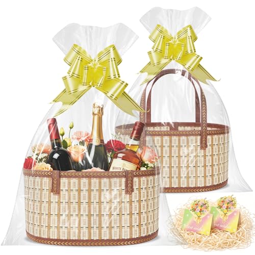 2 Set Baskets for Gifts Empty Woven Bamboo Gift Basket Kit with Handles Foldable Empty Gift Baskets to Fill with Wrap Bags Pull Bows Cards & Raffia for Baby Baptisms Fathers Day Housewarming