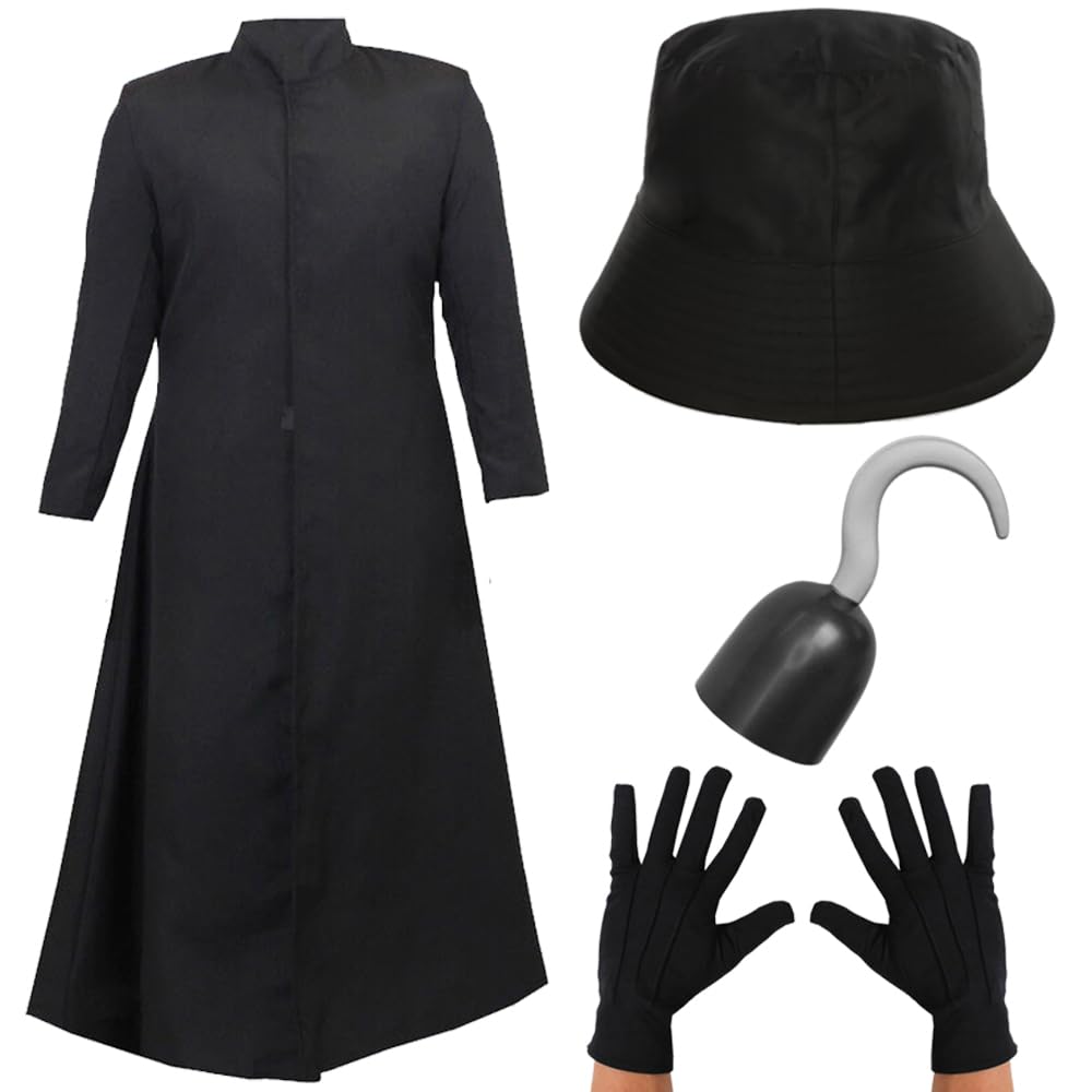 Costume da cattivo con gancio, 4 pezzi, costume da travestimento da uomo, donna, costume spaventoso per Halloween, cappello da pescatore, guanti e gancio da pirata, per travestimento da uomo e donna