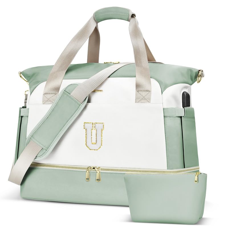 Bolsa de viagem feminina com iniciais, bolsa de ginástica personalizada com compartimento para sapatos, bolsa de viagem com porta de carregamento USB, bolsa de fim de semana para mulheres, viagens,