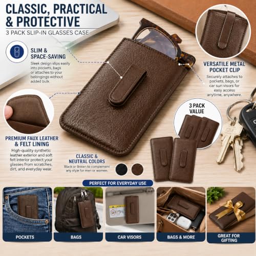 Image of Calabria Soft Slip-In Glasses Case with Pocket Belt Metal Clip Brown for Men /Women Synthetic Leather Felt Lining 6.5 inchx3 inch - 12PACK