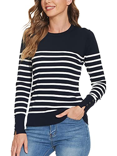 Image of Spicy Sandia Women's Long Sleeve Crewneck Sweaters Dressy Casual | Striped or Solid Available, Classic, Business Casual Tops for Office Work