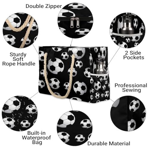 KOBLEN Soccer Sports Theme Large Beach Bag Waterproof Beach Bag for Women Oversized Sandproof Beach Tote Bag with Zipper for Gym Travel Daily Pool Bag Big Tote3