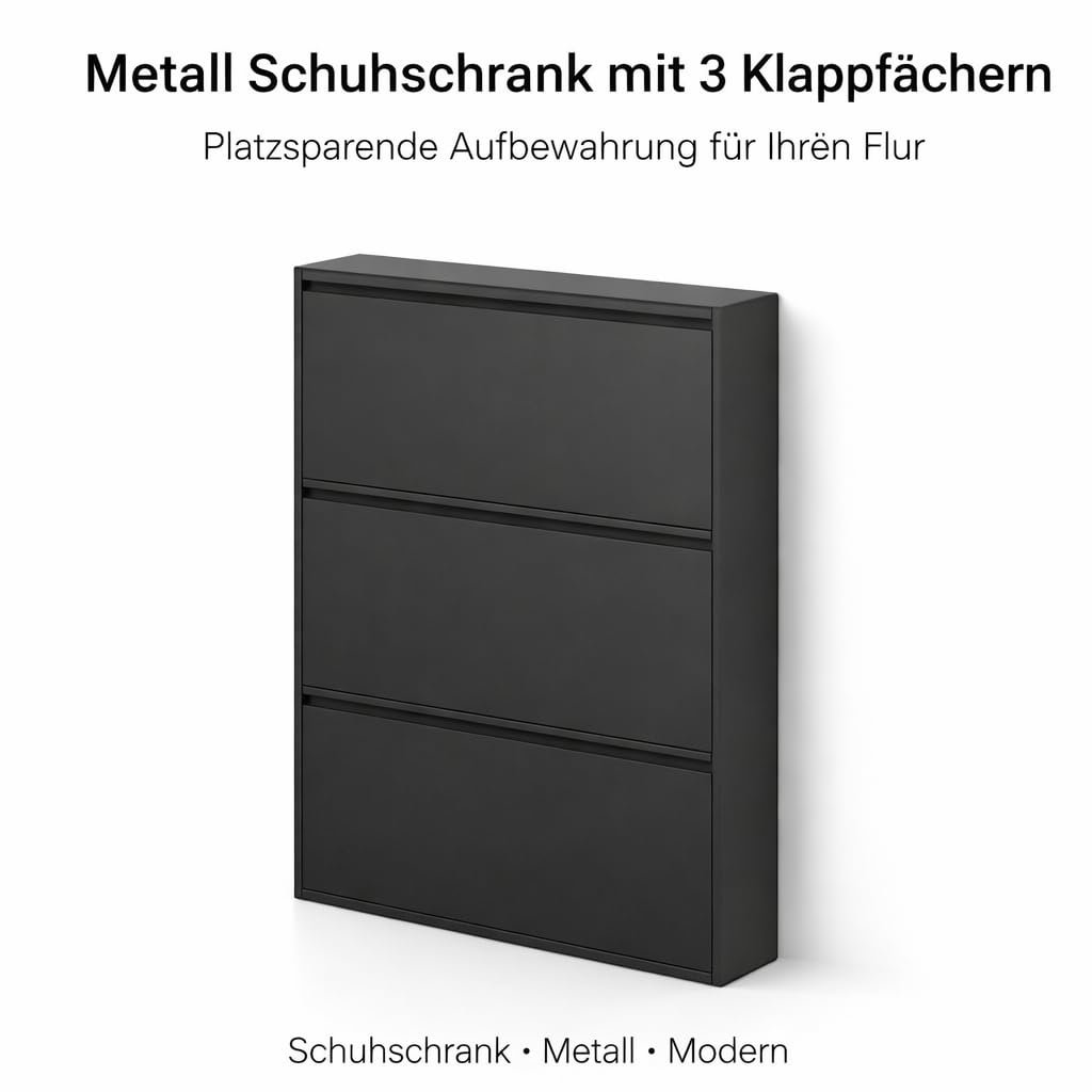 Metall Schuhschrank mit 3 Klappfächern, Schmaler Schuhkipper für Flur, Schuhregal für 12–20 Paar Schuhe, Moderner Schuhschrank für Eingangsbereich & Wohnzimmer (3 Klappfächern)