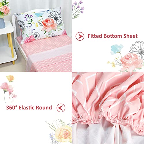 Jundetye 4 Pieces Floral Toddler Bedding Set For Girls, Soft Breathable Toddler Comforter Set, Includes Reversible Comforter, Pink Fitted Sheet And Flat Sheet, Pillowcase, Watercolor Flower #TOP3