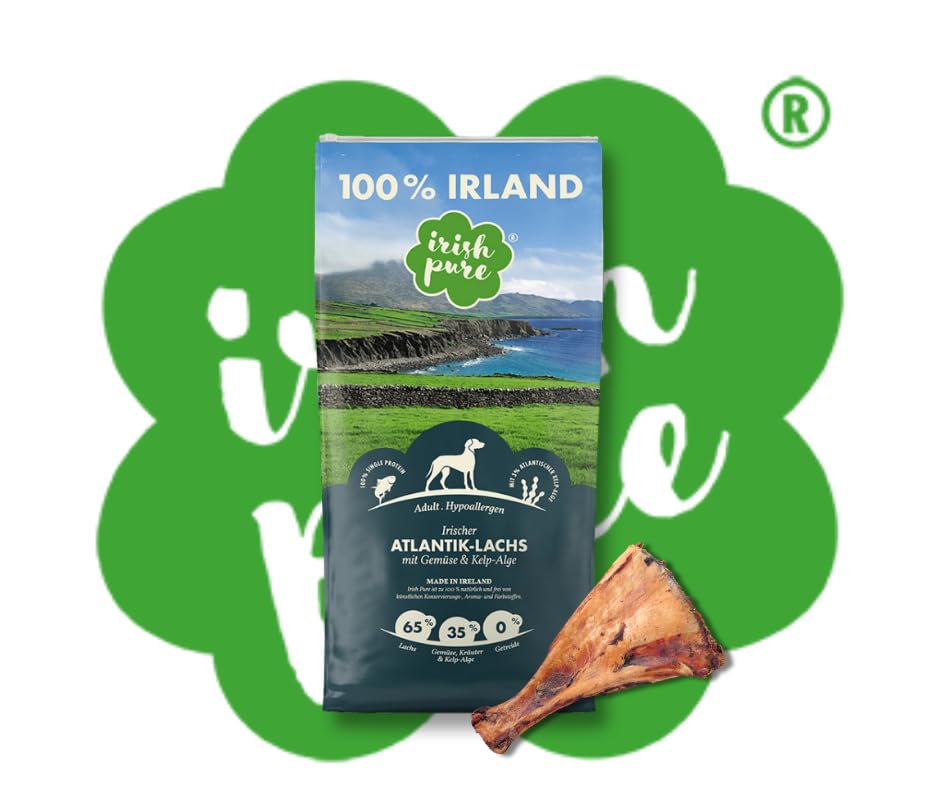 Irish Pure Adult - Atlantik Lachs 12kg + Rinderschulterblatt - Getreidefreies & Hypoallergenes Trockenfutter - Premium-Hundefutter + Snack im Vorteilspaket - Sparpaket - Trockenfutter und Leckerli Mix