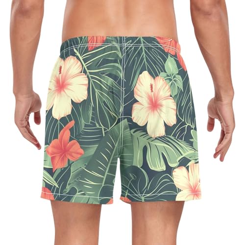 Mens Swim Trunks with Liner, Tropical Palm Tree Floral Cool Quick Dry Beach Swim Shorts, Swimwear Bathing Suits S2