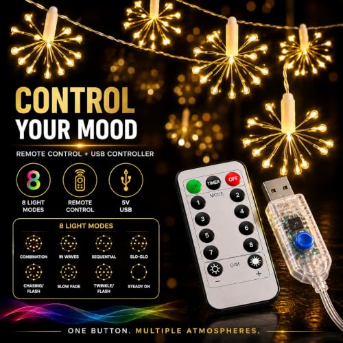 Image of Gesto 12 Starburst Fairy Lights for Decoration - USB Operated 10 Ft String Lights with 8 Modes Remote | Warm White Decorative Lights for Home Decor, Room,Wall, Balcony, Christmas & Diwali Decoration