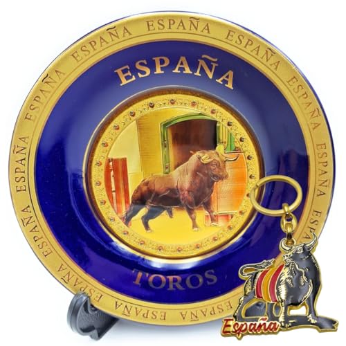 Planta Color Plato Decorativo España con Toro + Llavero Souvenir Toro Español. Incluye Soporte y Gancho para Colgar Amantes de España, Tauromaquia, Cultura y Tradiciones (Toro)