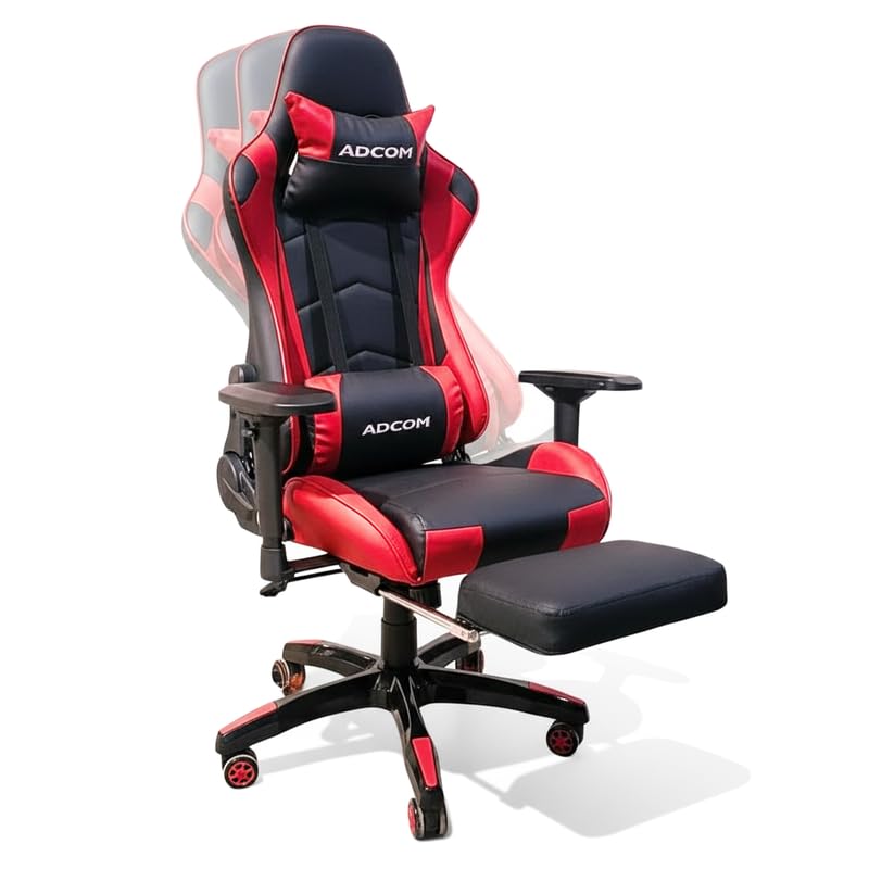 Image of Adcom Mutant Pro Adjustable Gaming Chair, PU Leather, 180 Recline, Ergonomic Neck & Lumbar Support, 4D Armrests with Footrest (Black & Red)