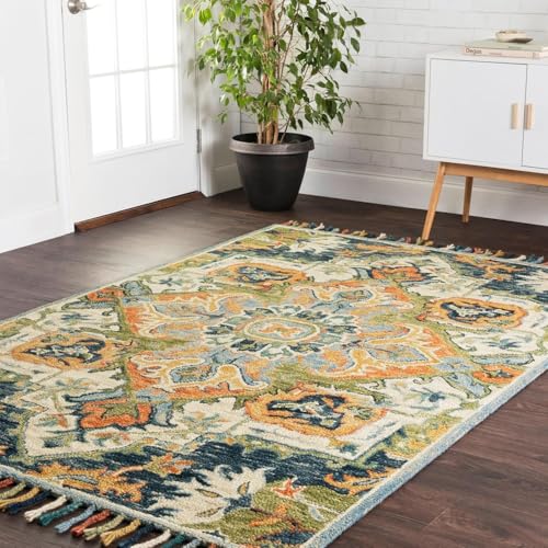 Image of Hand-Tufted Wool Large Carpet for Living Room 12x15 feet Ivory Teal Blue Traditional Design Anti-Skid High Pile Thick Carpet & Rugs for Bedroom & Hall