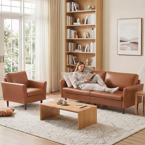 Image of Kingfun 2 Piece Faux Leather Sofa Set, Mid Century Modern Living Room Furniture Set with 3-Seater Sofa and Armchair, Small Leather Couch with Solid Wood Frame for Bedroom and Office, Dark Brown