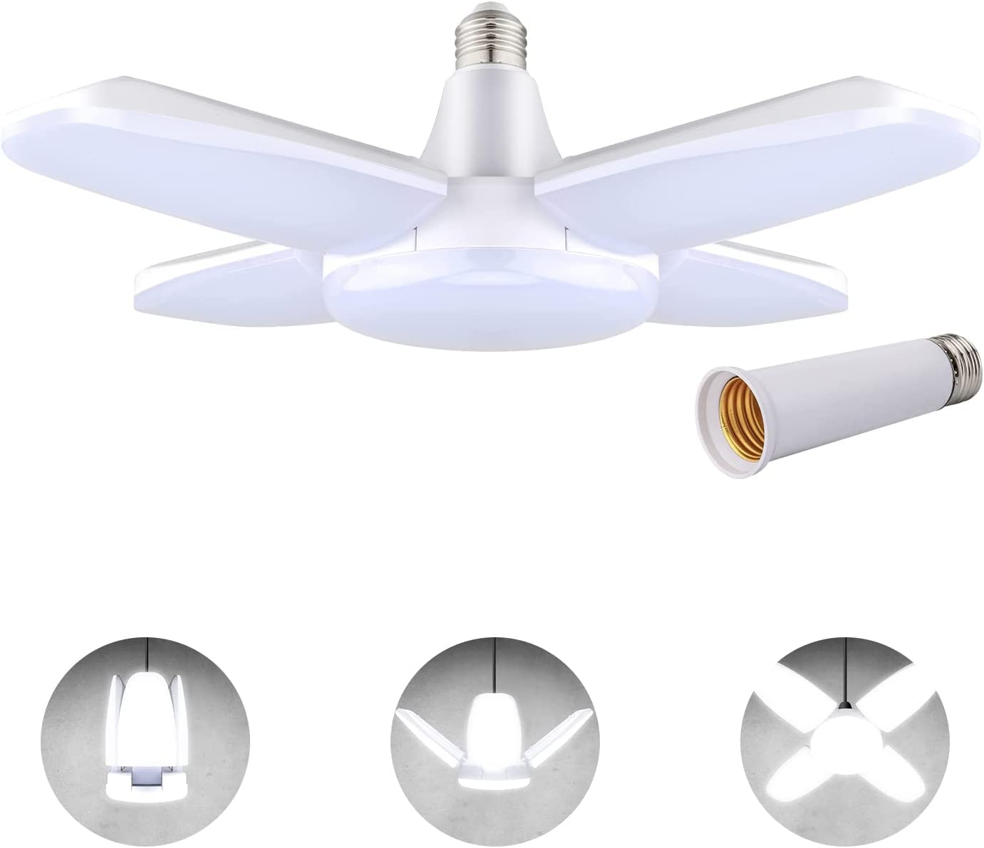 通用 E27 LED Garage Light 60W, 6500K Daylight White 5500Lm Deformable Workshop Lamp with 4 Adjustable Panels, LED Ceiling Lighting, for Garages, Basement, Gym, Warehouse