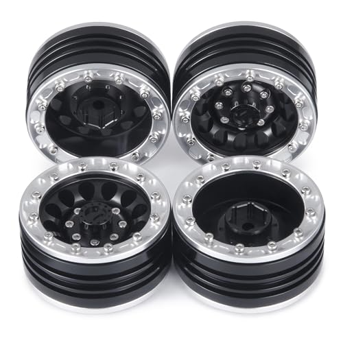 QUE-T 1.9inches Beadlocks 1/10 RC Wheel Rims, 4pcs Metal Wheel Hubs for Axial Scx10 Scx10-II 90046 Scx10-III TRX4 D90 VS4-10 RC Car (Black & Silver)
