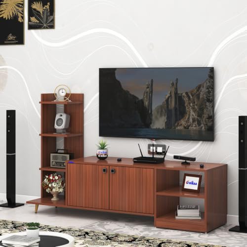Image of Anikaa Moracca Engineered Wood Floor Standing Modern TV Unit with Side Shelves and 2-Door Cabinet & Open Storage Box Up to 43 inch Entertainment Units | for Living Room | Walnut Finish | DIY-Installation