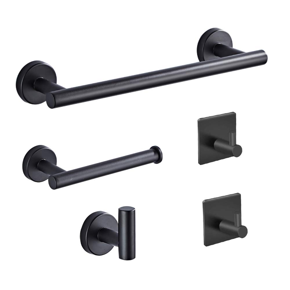 Matte Black Towel Bar Set 4-Piece Bathroom Hardware - 24 Inch Stainless Steel Towel Holder, Wall Mounted Accessories