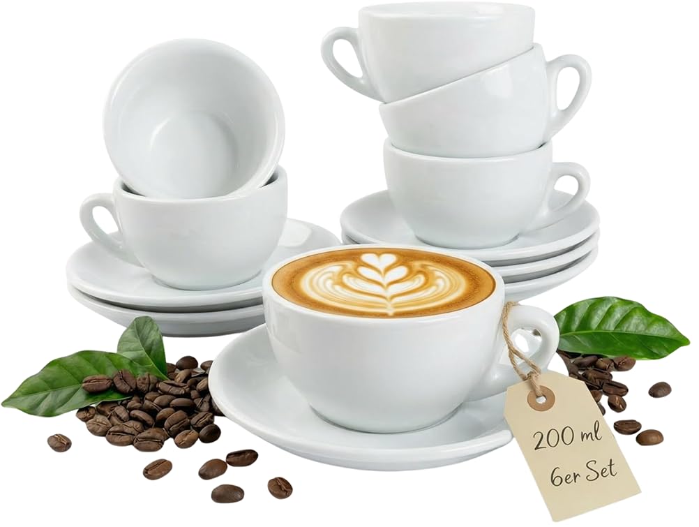 6x Cappuccinotassen | Weiß | Italian Style | dickwandig & schwer | spülmaschinenfest | Cappuccino 6er Set mit Untertassen - Geschenkset