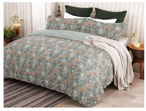 YORIK Premium Cotton Floral Flat Double Bed Sheet with 2 Pillow Covers, Soft & Breathable, Elegant Earthy Taupe Design, 90x100 Inch (Green)