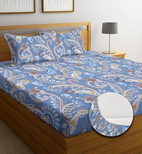 Image of NHD HOME Premium Cotton Elastic Fitted Floral Bedsheets with 2 King Size Pillow Covers | Double Bed with All Around Elastic 220 TC Supersoft |Size-72 King Sizex78+10 inches | Blue, Traditional Prints