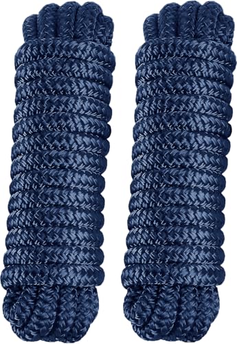 PACTHSD 2-Pack Double Braid 3/8 x 20 Dock Lines Nylon Boat Ropes for Docking with 12 Spliced Eye Heavy Duty Marine Rope Soft & Durable Boat Lines for Pontoon and Light Boat (Navy Blue)