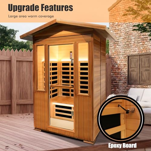 Image of 2 Person Outdoor Sauna Infrared Saunas Dry Sauna Room 120V Red Cedar and Okoume Wood Wooden Sauna Spa 1800W APP Control 7 Color Light 48.8 * 37 * 87.4inch