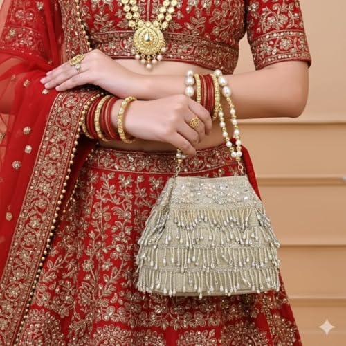 Image of Nevis PU Silk Women's Pearl & Bead Embellished Potli Bag with Beaded Handle | Designe Wedding & Festive Handbag