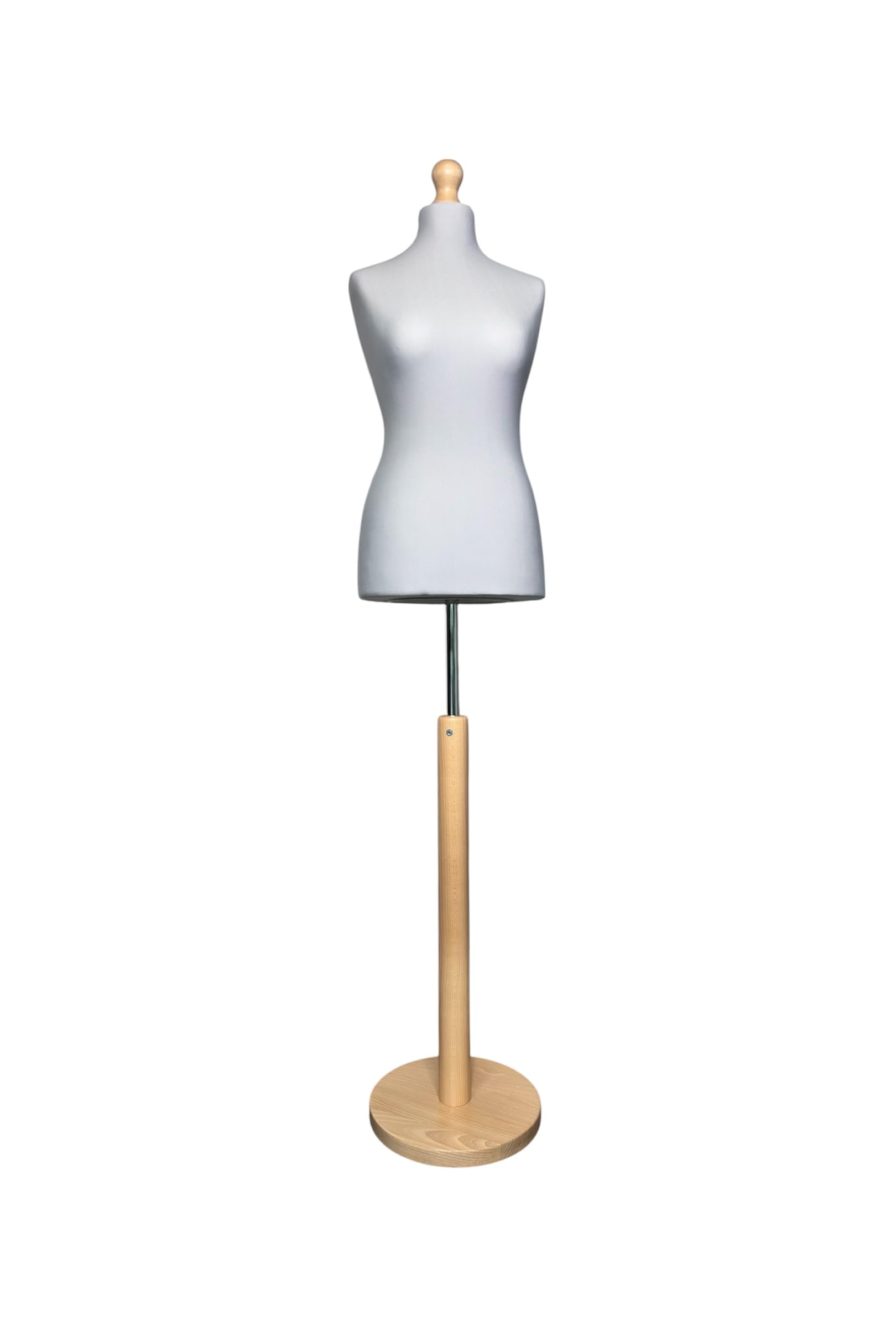 Manichino femminile, modello da sarto su base circolare in legno naturale (rivestito - grigio, taglia S 36)