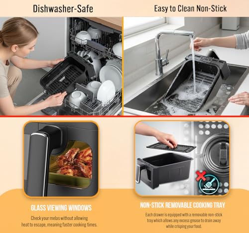 9L Dual Air Fryer with Digital Display, Healthy Oil Free 2500W Air Fryer with 8 Preset, LED One Touch Screen, Timer & Adjustable Temperature Control (9L(4.5L+4.5L) - Image 7
